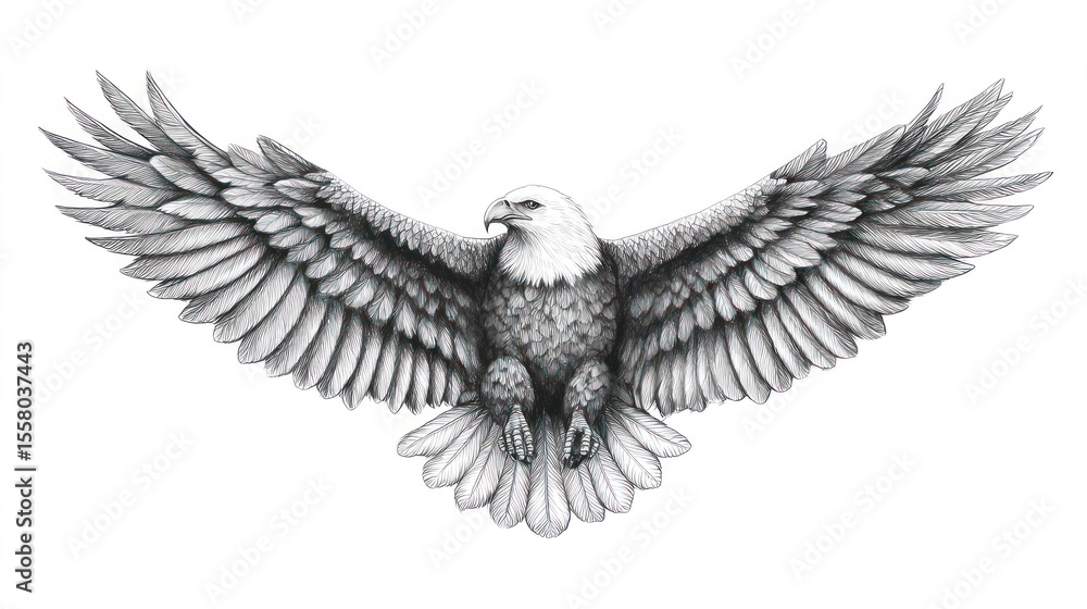 Obraz premium Detailed grayscale illustration of a soaring bald eagle