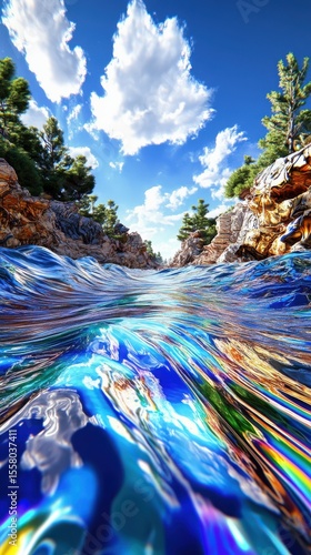 Iridescent River Flowing Through a Rocky Canyon Under a Sunny Sky