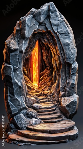 Luminous Cave Entrance  Dark Stone Steps Lead to Glowing Orange Interior