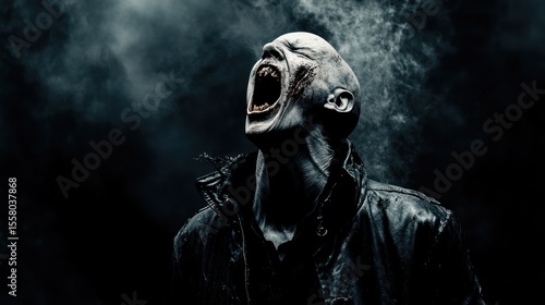 A horrifying figure, bald, with open mouth screaming,  dark clothing, dramatic lighting
