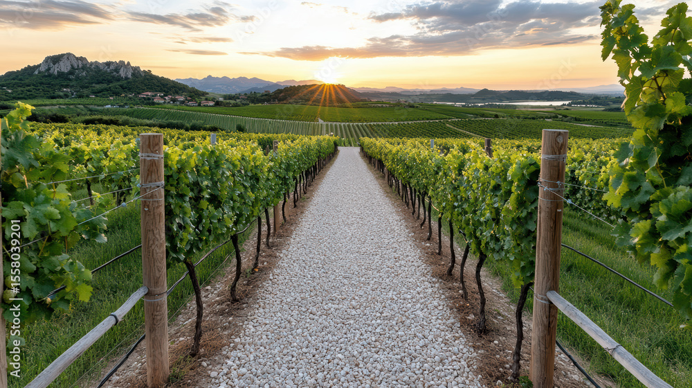 Fototapeta premium Serene vineyard path lined with lush grapevines leads to stunning sunset view
