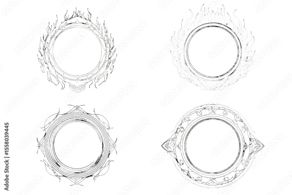 Obraz premium Four Ornate Silver Circular Frames with Intricate Designs, PNG
