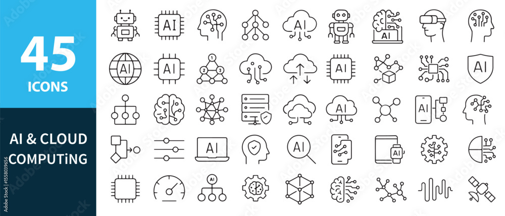 AI and cloud computing icon set with 45 modern line vector designs AI and cloud computing icon set with 45 modern line vector designs