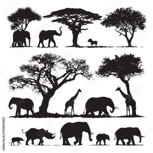 african safari silhouette set, Black & White silhouette set