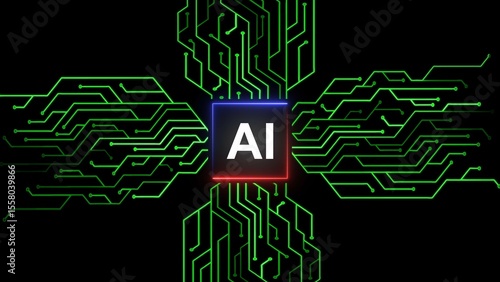 AI or artificial intelligence technology circuit board illustration on black background.