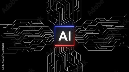 AI or artificial intelligence technology circuit board illustration on black background.