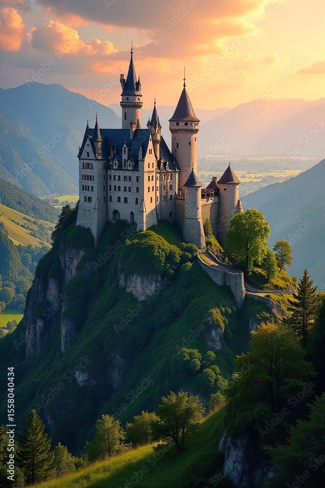 Majestic Medieval Castle at Sunset A Breathtaking View of Verdant Valley Majestic Medieval Castle at Sunset A Breathtaking View of Verdant Valley