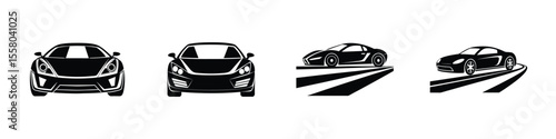 Simple flat design of a sporty sports car front view speeding forward Flat Silhouette on White Background