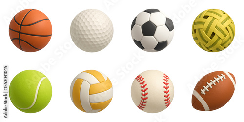 3D render collection of various sports balls including basketball football soccer and tennis