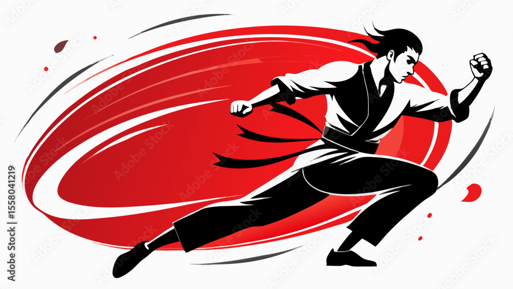 Obraz premium Martial Arts Motion Illustrations – Dynamic Fighters in Stylized Red and Black Swirls