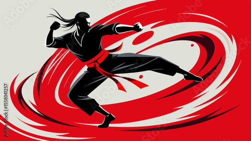 Martial Arts Motion Illustrations – Dynamic Fighters in Stylized Red and Black Swirls