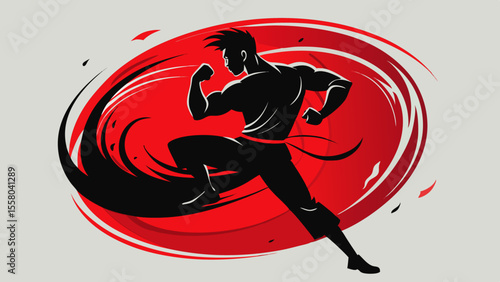 Martial Arts Motion Illustrations – Dynamic Fighters in Stylized Red and Black Swirls