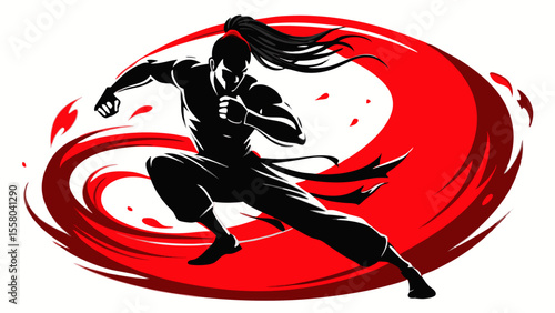 Martial Arts Motion Illustrations – Dynamic Fighters in Stylized Red and Black Swirls