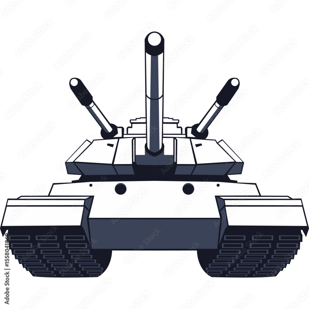 Fototapeta premium Vector illustration of a modern battle tank in a frontal view. Depicts armored military vehicle with cannon and turrets. Clean style, isolated on white.
