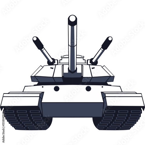 Vector illustration of a modern battle tank in a frontal view. Depicts armored military vehicle with cannon and turrets. Clean style, isolated on white.