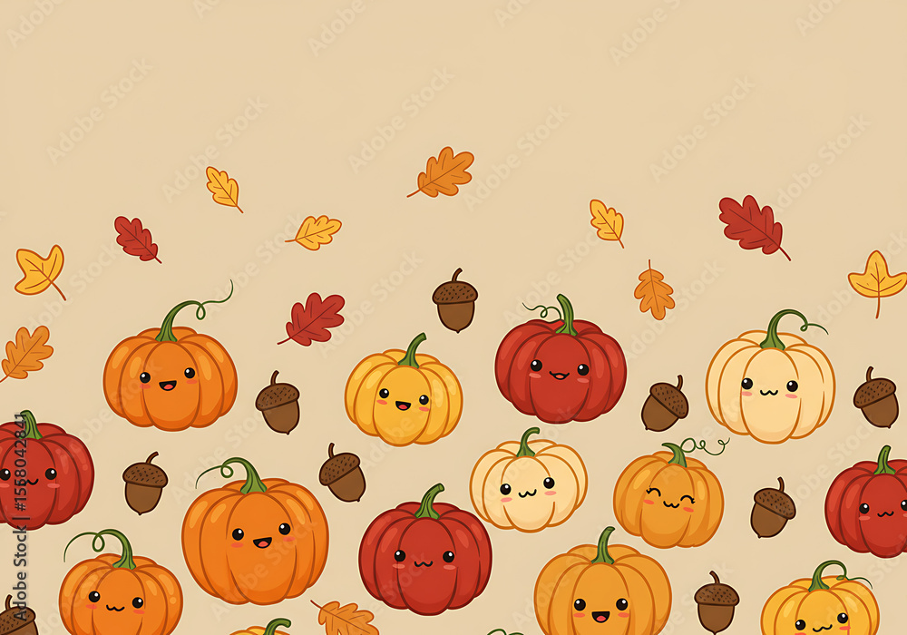 Fototapeta premium Adorable Autumn Pumpkins and Acorns Kawaii Style Illustration.