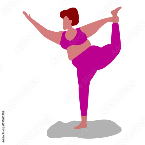 Plus size fitness girl practicing yoga. woman performing a yoga pose known as the Dancer's Pose, or Natarajasana.