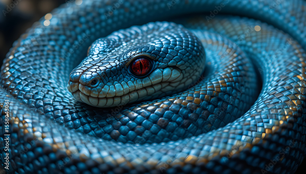 Fototapeta premium Coiled Snake Close-Up with Red Eyes and Blue Scales