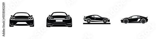 Creative depiction of a low profile sports car rear view gliding along highway Flat Silhouette on White Background