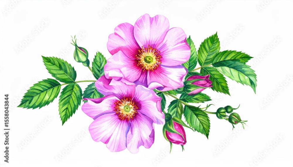 Obraz premium Vibrant Pink Wild Roses with Lush Green Leaves and Buds on a White Background for Floral Art and Botanical Illustrations