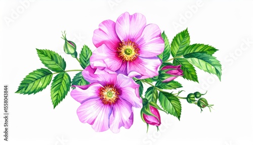 Vibrant Pink Wild Roses with Lush Green Leaves and Buds on a White Background for Floral Art and Botanical Illustrations