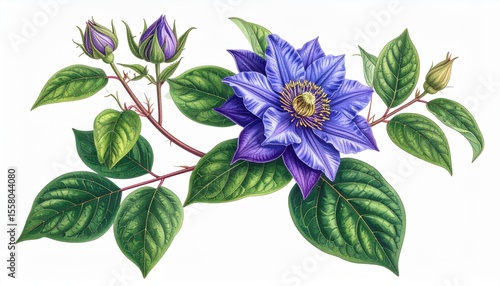 Vibrant Flower Illustration with Blue Petals and Green Leaves Showcasing Natural Beauty in Detail for Artistic or Botanical Projects