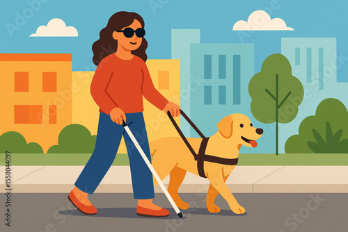 Blind Woman with Guide Dog Walking on Urban Sidewalk Flat Modern Vector Illustration