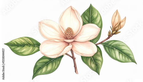 Delicate Magnolia Blossom with Green Leaves and Bud, Botanical Illustration, Floral Design Element for Elegant Decor and Nature Inspired Art