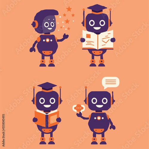 set minimalist geometric flat vector design of mini storytelling robots
