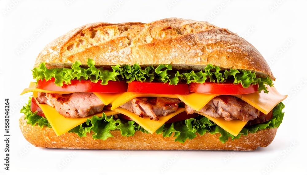 Delicious Grilled Chicken and Cheese Sub Sandwich on Crusty Roll with Fresh Lettuce and Tomato Delicious Grilled Chicken and Cheese Sub Sandwich on Crusty Roll with Fresh Lettuce and Tomato
