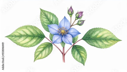 Detailed botanical illustration of a blue flower with green leaves and buds, showcasing exquisite colors and natural beauty in a stylized design