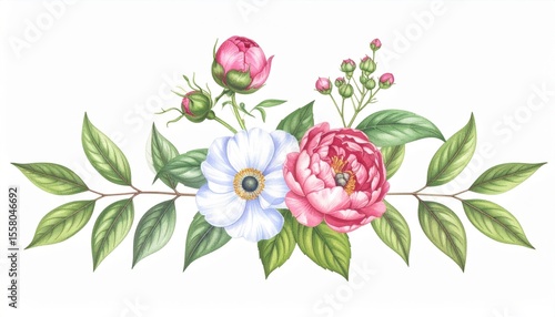 Beautiful Floral Arrangement with Roses and Green Leaves in Soft Watercolor Style for Decorative Purposes