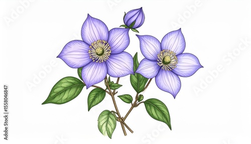 Delicate Purple Flowers with Green Leaves on White Background, Intricate Botanical Illustration of Blossoming Botanicals