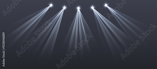 White lasers background., glowing rays or neon beams on the stage, bright futuristic backdrop. Concert or nightclub spotlights. Vector illustration.