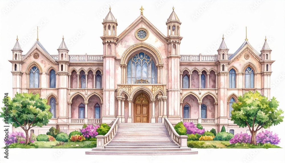 Obraz premium Grand Victorian Style Mansion with Intricate Architecture Surrounded by Lush Greenery and Colorful Flowers