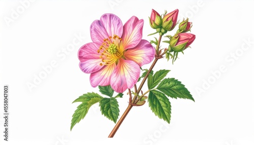 Delicate Pink Wildflower with Buds and Green Leaves Illustrating Nature's Beauty in a Botanical Style for Art and Decoration Purposes