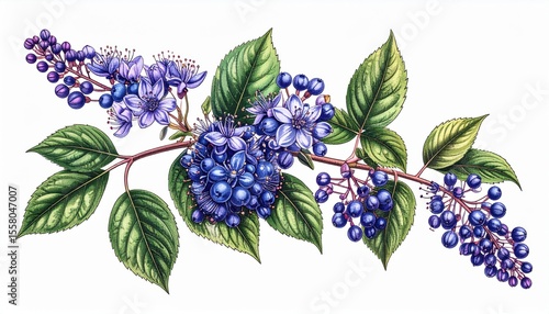 Vibrant Botanical Illustration of Blueberries and Flowers with Lush Green Leaves in Detailed Nature Art Design