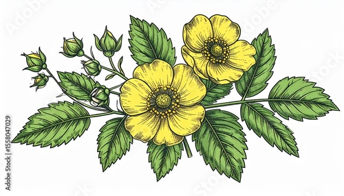Botanical Illustration of Elegant Yellow Flowers with Green Leaves and Buds, Stunning Vintage Style Floral Artwork for Eloquent Design Projects