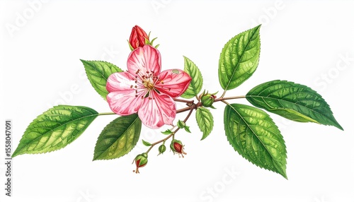Delicate Pink Blossom with Green Leaves and Buds, Realistic Botanical Illustration of Flowering Plant on White Background