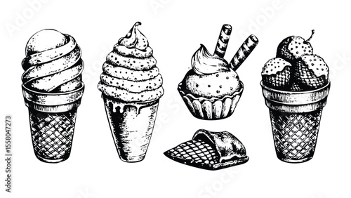  Ice Cream Desserts Vector Set in Vintage Engraving Style. Detailed Hand-Drawn Sundae and Popsicle with Stipple Texture