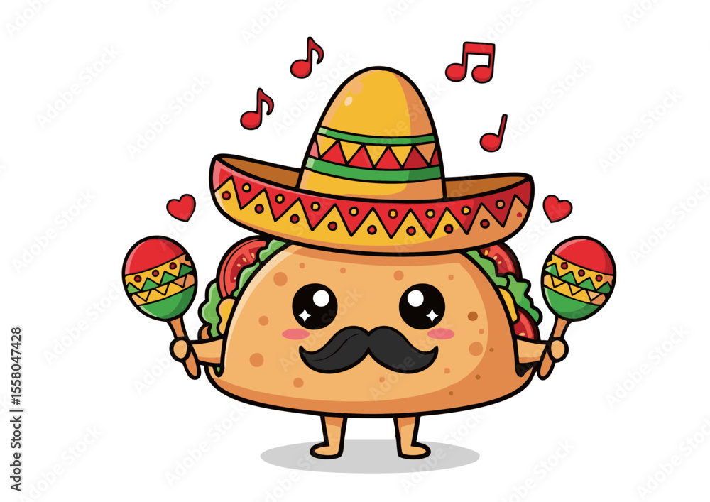 Fototapeta premium Cute Taco Character in Sombrero with Maracas Playing Music.