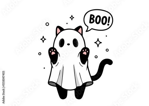 Adorable Black Cat Dressed as a Ghost Halloween Costume Cute Paws Boo.