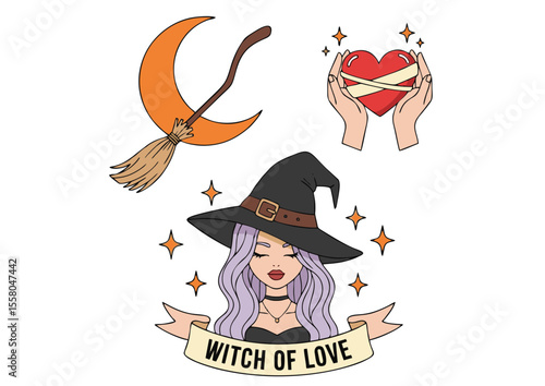 Adorable Witch with Purple Hair Black Hat and Witch of Love Banner.