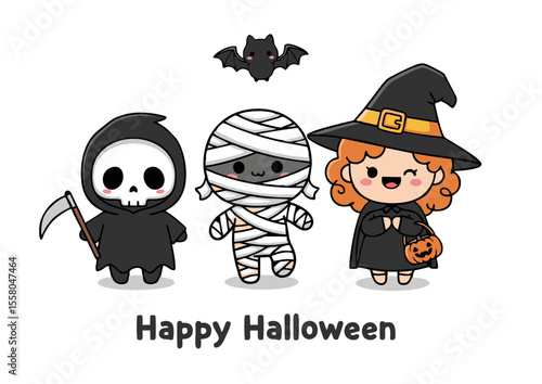Adorable Cartoon Trio: Grim Reaper Mummy and Witch in Halloween Costumes.