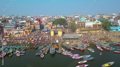 Aerial view of varanasi ganga ghat, Kashi Vishwanath Temple, Varanasi, Uttar Pradesh, India.
