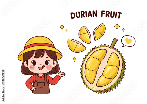 Cartoon Durian Fruit with Cut Pieces and a Heart Speech Bubble.