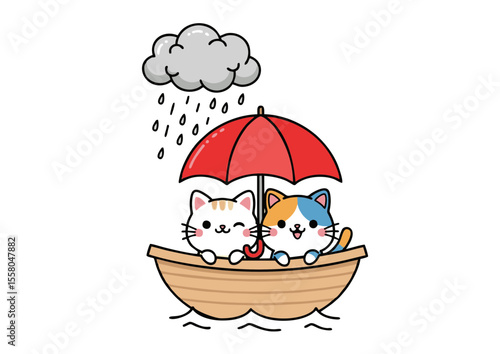 Two Cartoon Cats in a Boat Under an Umbrella in the Rain.
