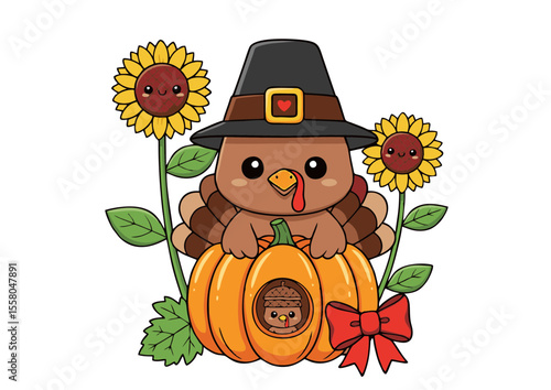 Adorable Cartoon Turkey in Pilgrim Hat Sitting on Pumpkin with Baby Turkey.