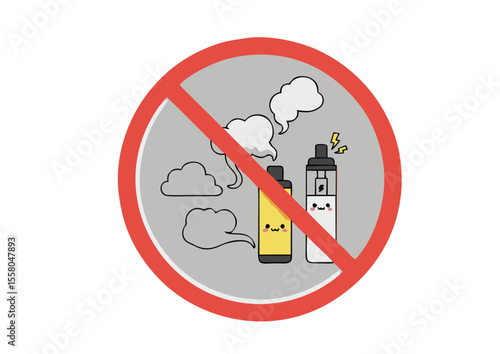 No Vaping: Cute Cartoon Vape Devices with Smoke Clouds Crossed Out in Red Circle.