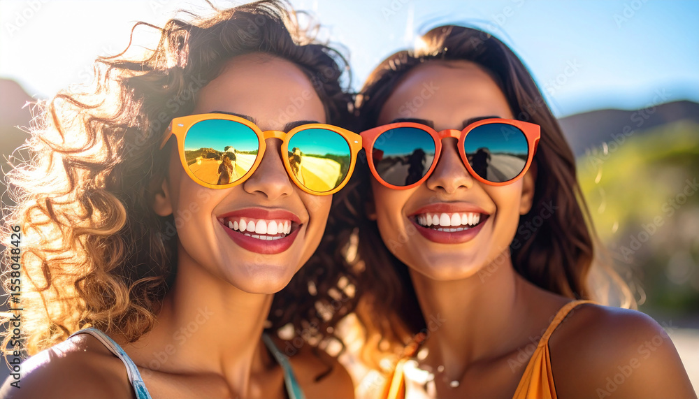 Close-up of the faces of two women wearing colored-rimmed sunglasses. Close-up of the faces of two women wearing colored-rimmed sunglasses.
